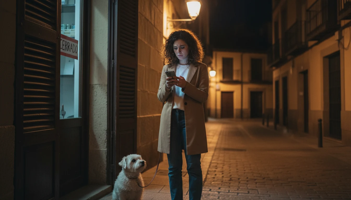 De noche, una mujer con su perro mira el móvil frente a una clínica veterinaria con el cartel de cerrado