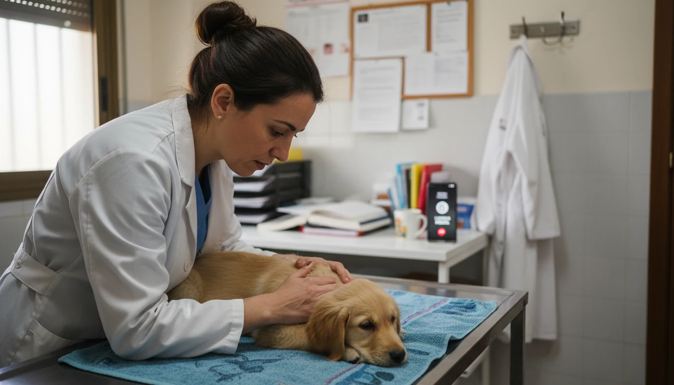 Veterinaria explorando a un cachorro de golden retriever en la consulta mientras, sobre la mesa del fondo, suena un móvil